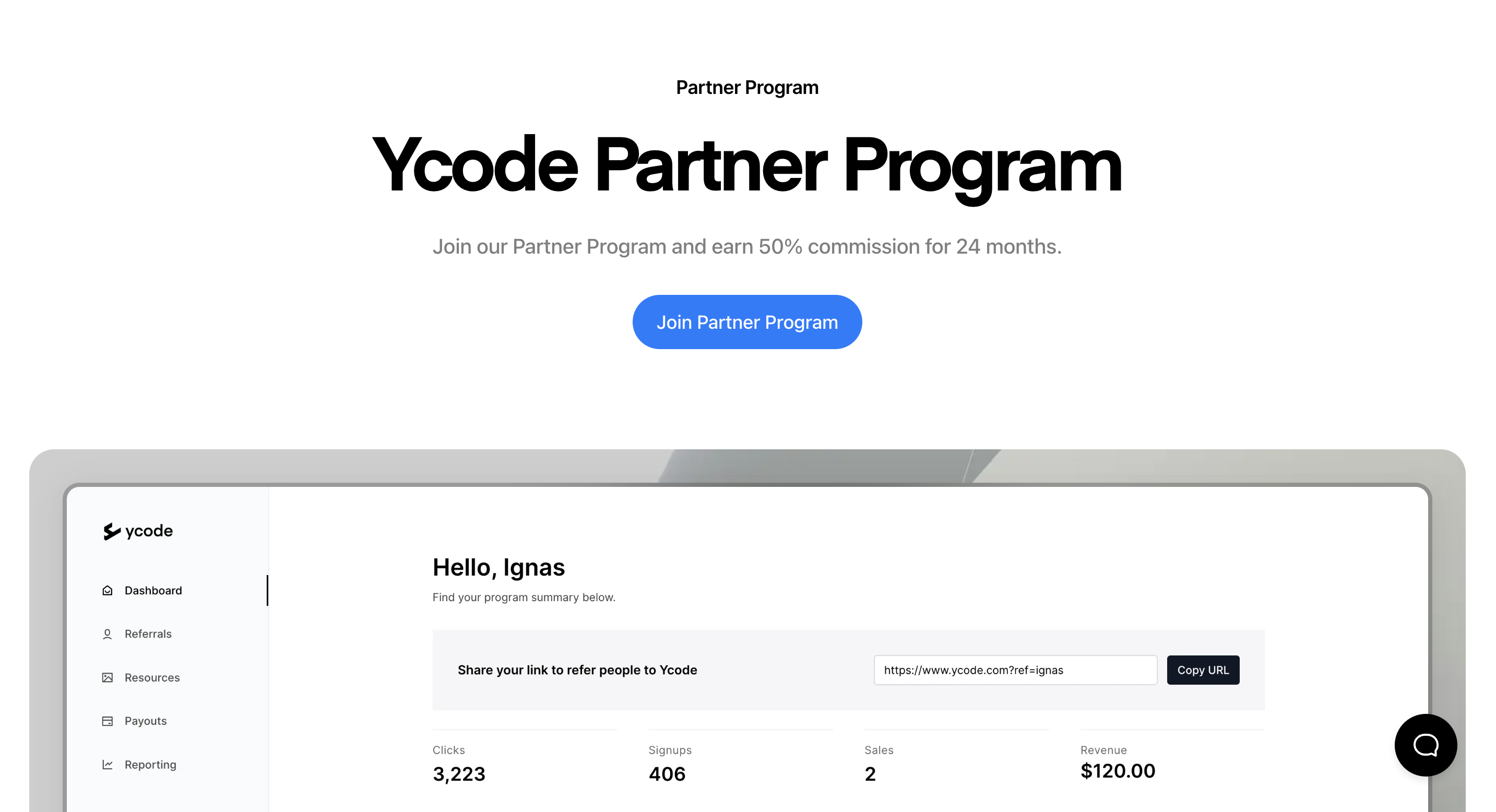 Ycode's affiliate program hero image on its affiliate landing page, one of the 20 winning affiliate marketing programs in 2024.