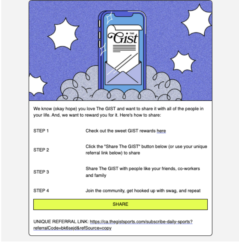 The GIST's newsletter's section to refer the newsletter with a unique referral link in their email marketing